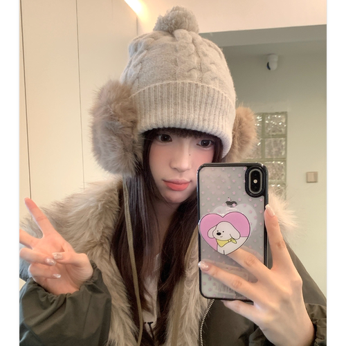 毛绒护耳毛线帽子女款冬季