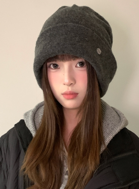 纯羊毛大头围灰色针织堆堆帽子女款冬季显脸小毛线帽保暖护耳冷帽