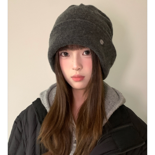 纯羊毛大头围灰色针织堆堆帽女冬