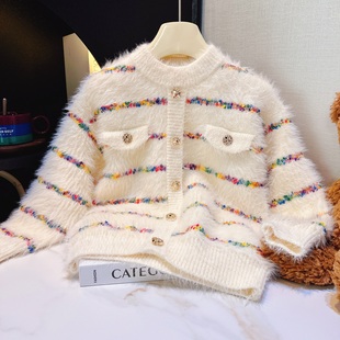 女童毛衣加绒加厚秋冬款2025新款中大童小香风外套水貂绒毛衣洋气