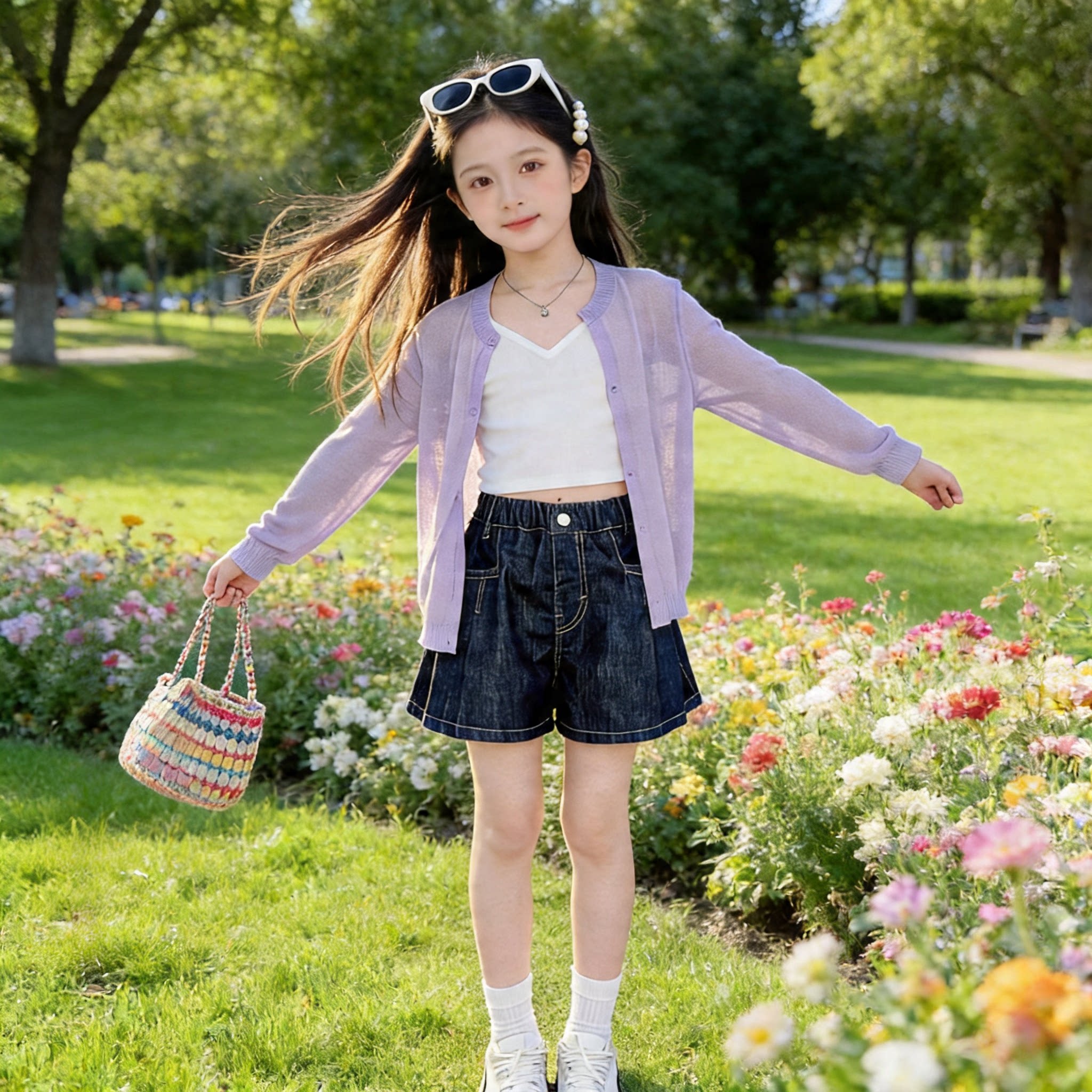 女童冰感纤维防晒衣开衫外套夏季薄款针织中大童冰丝开衫牛仔短裤图片