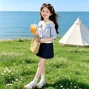 女童套装夏装2026新款中大童夏季甜美露肩两件套装女孩短袖套装
