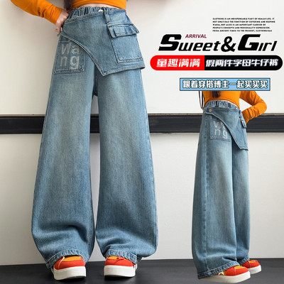 安萌童装&错层假两件字母牛仔裤2605