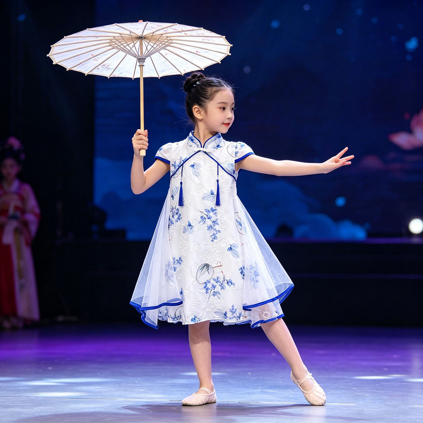 女童旗袍裙青花瓷2026夏装儿童旗袍裙舞蹈演出走秀服新中式连衣裙
