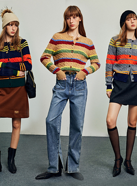 【现货】 1OO%羊毛彩虹条纹绞花圆领长袖针织开衫毛衣外套