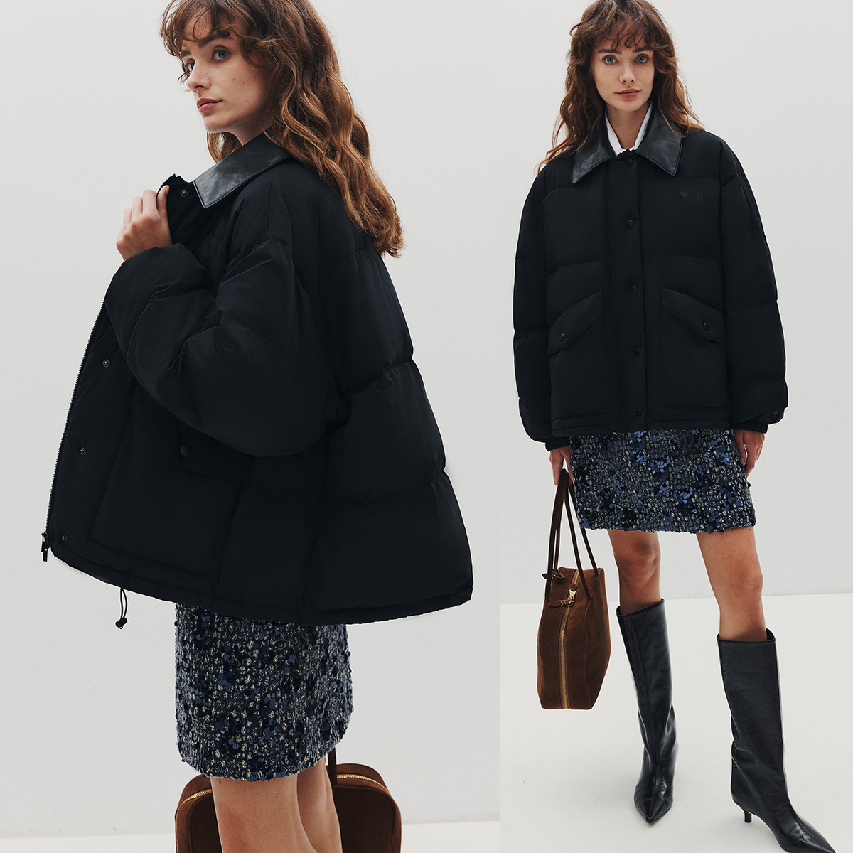 拼接真皮翻领廓形白鸭绒羽绒服