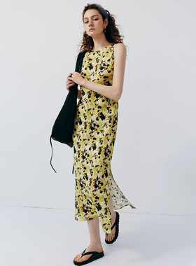 【南洋假日】1OO%亚麻 热带风情一字领无袖收腰显瘦印花连衣裙