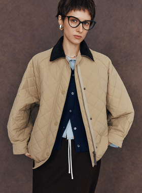 【轻盈温暖】填充驼绒真丝 巴恩风灯芯绒领菱格纹绗缝棉服外套女