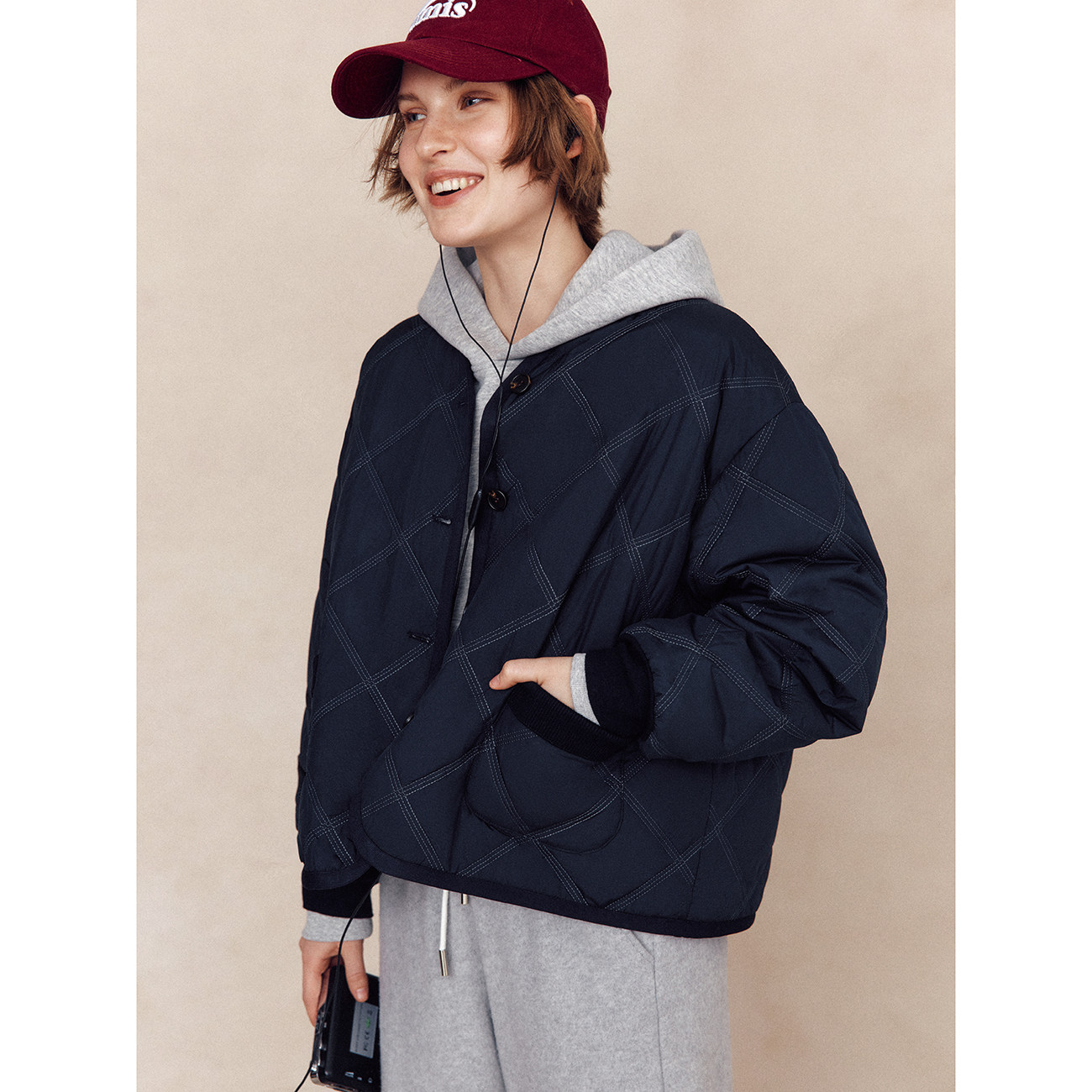 松弛感小廓形菱格纹绗缝棉服外套