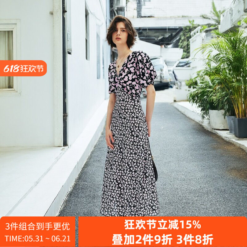 【老客币入】1OO%桑蚕丝 法式复古V领捏褶收腰印花连衣裙茶歇裙