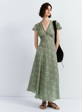 【花海奇遇】1OO%真丝双绉 清新浪漫茹伊印花打揽收腰碎花连衣裙