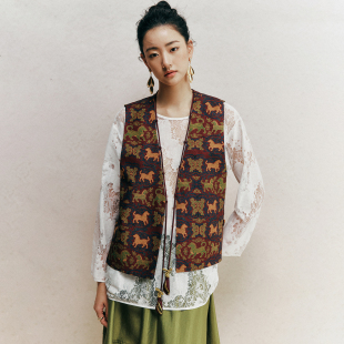 新中式 桑蚕丝香云纱 国风V领系带开衩真丝织锦马甲女 以梦为马