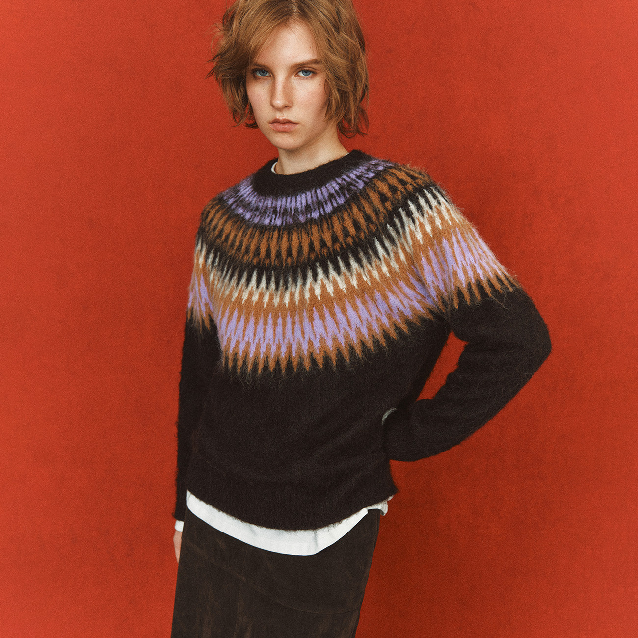 翻领插肩袖拉毛针织开衫套头毛衣