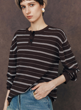 【细腻温润】亲肤零扎感 法式亨利领宽松落肩色织条纹针织衫上衣