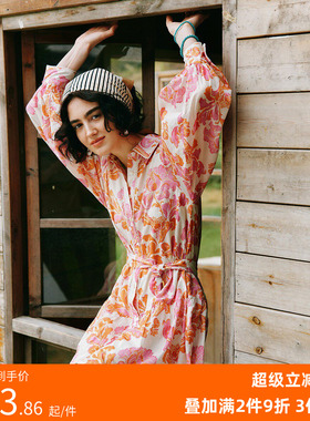 澳洲 Josefina系列 通勤+度假灯笼袖大翻领收腰印花连衣裙 不挑人