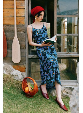 【蓝色玛格丽特】1OO%真丝建宏绉 度假风收腰印花吊带连衣裙裙子