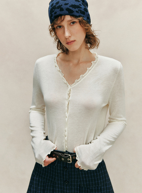 【裸感超柔】超细支羊毛 木耳边装饰V领长袖针织打底开衫上衣女