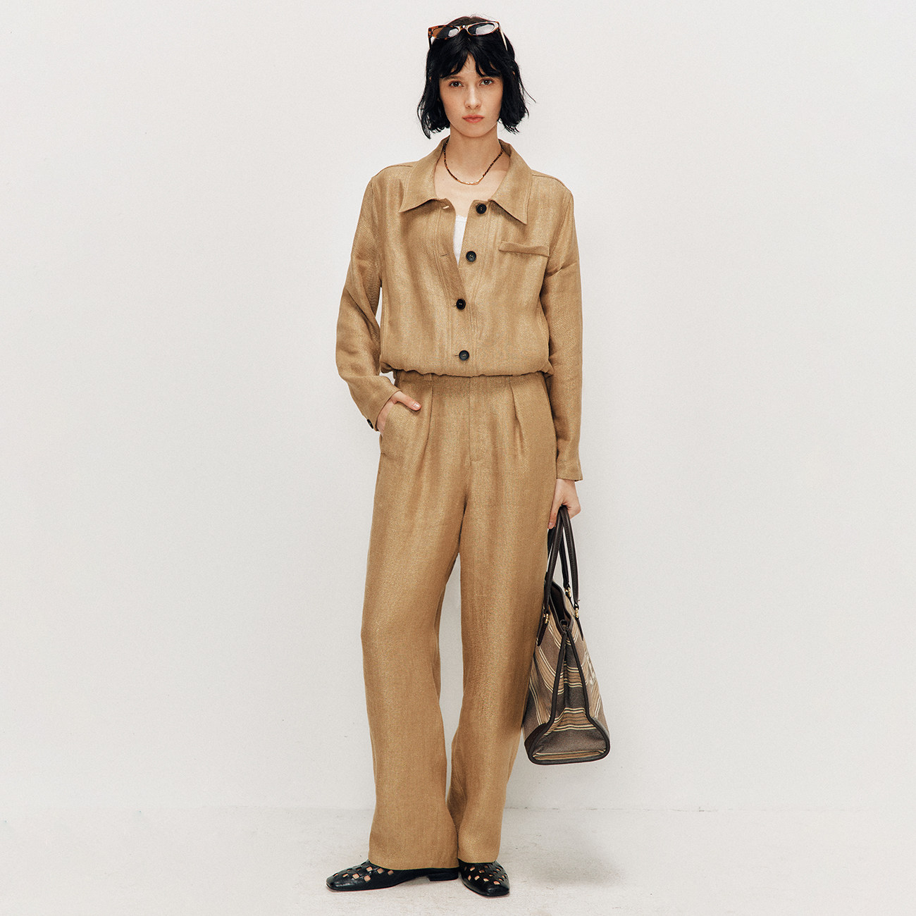 【老钱的松弛】金丝亚麻套装 翻领宽松休闲夹克外套阔腿裤两件套