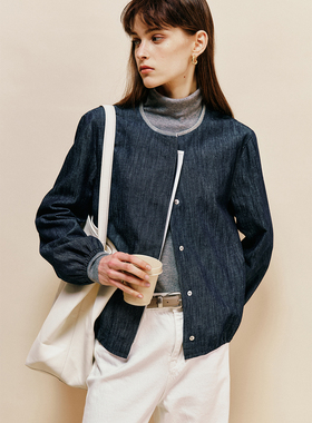 【外M订单】天丝汉麻牛仔 老钱风圆领珠链装饰短款箱型夹克外套女