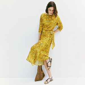 【芳洲】100%桑蚕丝 法式气质高级感圆领系带收腰显瘦印花连衣裙