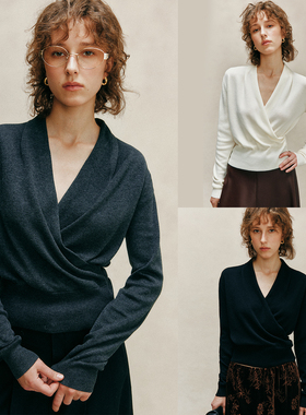 【奢享体验】超细支美丽诺羊毛 简约通勤交叉V领针织套头衫上衣女