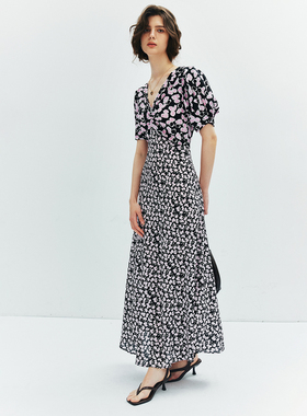 【老客币入】1OO%桑蚕丝 法式复古V领捏褶收腰印花连衣裙茶歇裙