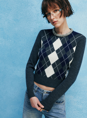 【早春抢鲜】100%高支绵羊毛 手工钻饰双面提花菱格纹针织衫毛衣