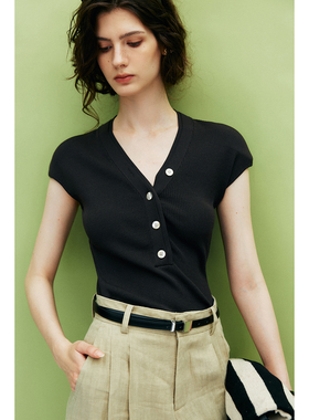 【刚需冰感丝】舒适凉爽 简约通勤V领小盖袖修身显瘦坑条针织衫