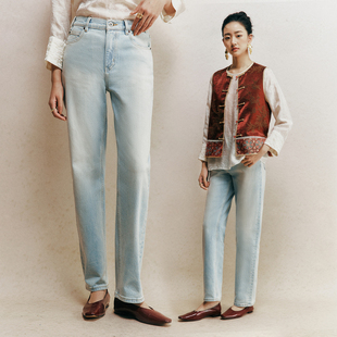 【封神裤型】舒适微弹紧致 淡蓝色重工洗水做旧破洞微锥牛仔裤女