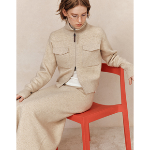 羊毛 纱 羊绒 静奢风拉链高领针织开衫 半裙套装 长裤 奢牌元