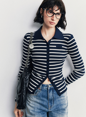 精梳棉+绵羊毛 法式POLO领修身显瘦条纹针织开衫女