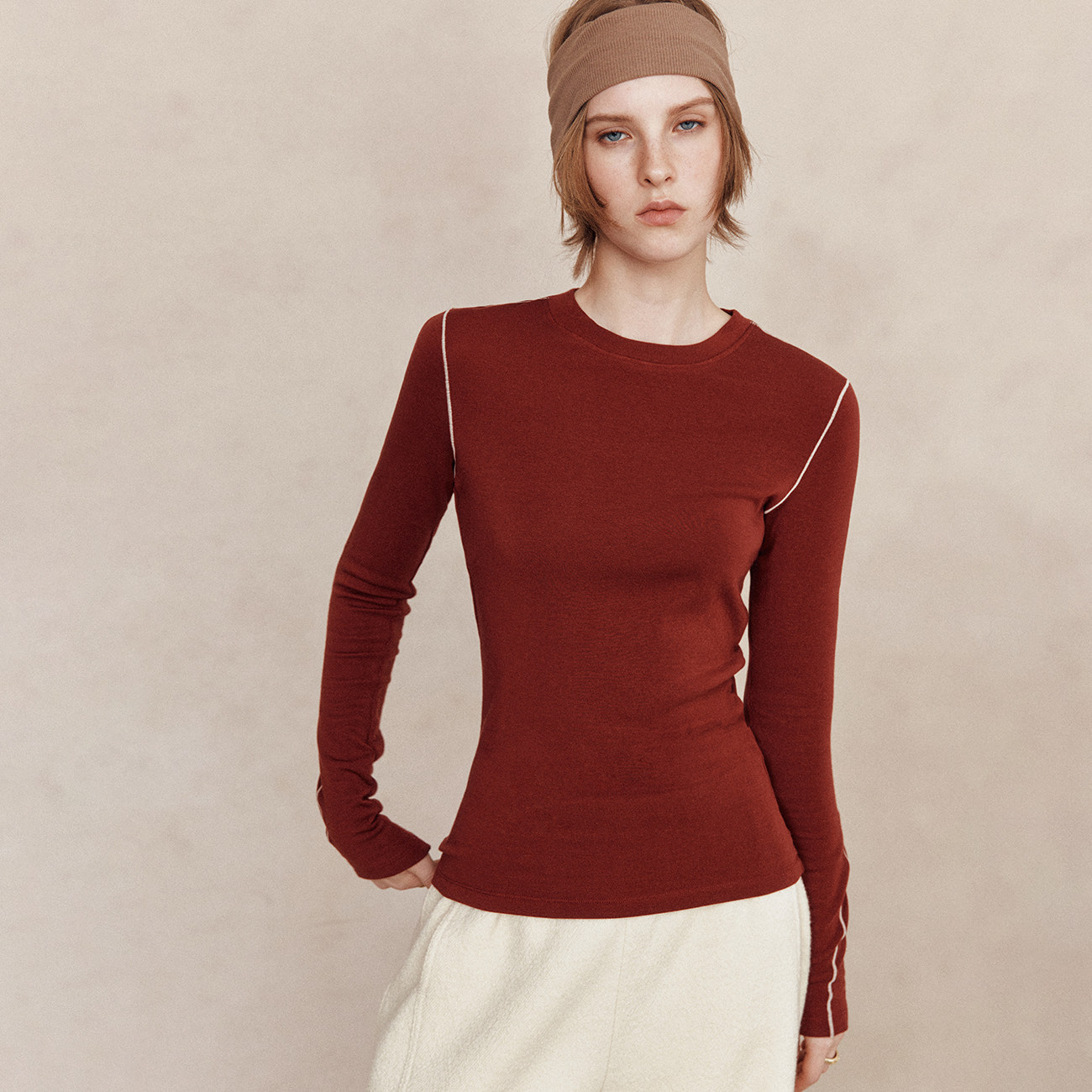 撞色线天丝羊毛保暖打底衫上衣