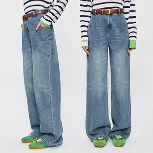 女 重工洗水高腰大口袋立体剪裁直筒阔腿牛仔裤 现货 酷GIRL专属