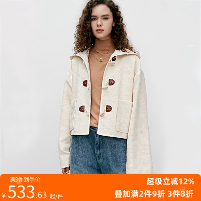 连帽牛角扣宽松休闲短外套