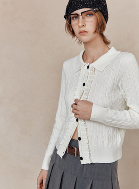 现货【小个子快入】 1OO%羊毛 复古学院风木耳边绞花针织开衫毛衣