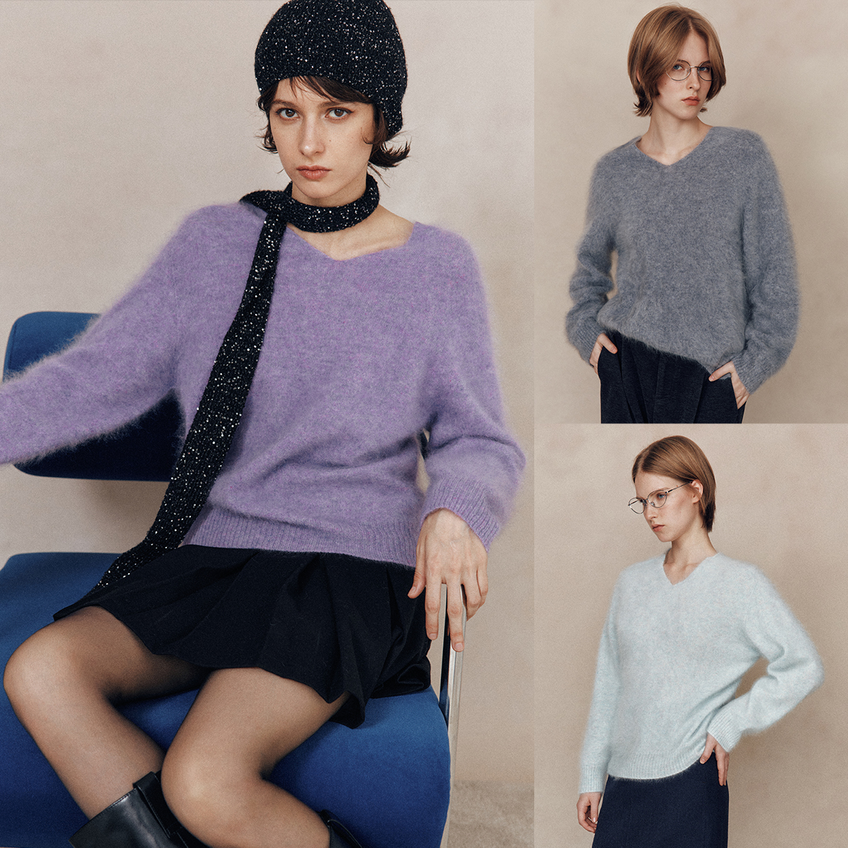 基础百搭圆领V领长袖套头毛衣