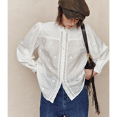 人间白月光 格纹提花薄棉 木耳边领灯笼袖 蕾丝拼接衬衫 衬衣