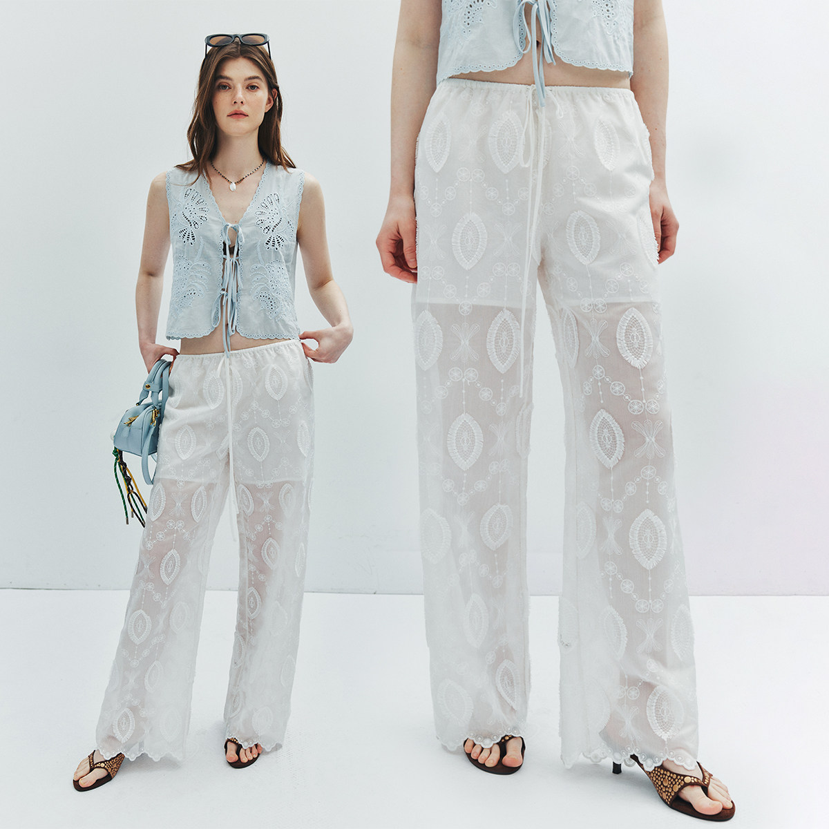 现货【轻盈通透】重工立体刺绣 度假风松紧腰直筒宽松阔腿长裤女,女装/女士精品,休闲裤,淘宝优惠券,粉丝福利购,淘宝优惠卷