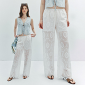 度假风松紧腰直筒宽松阔腿长裤 重工立体刺绣 女 轻盈通透 现货
