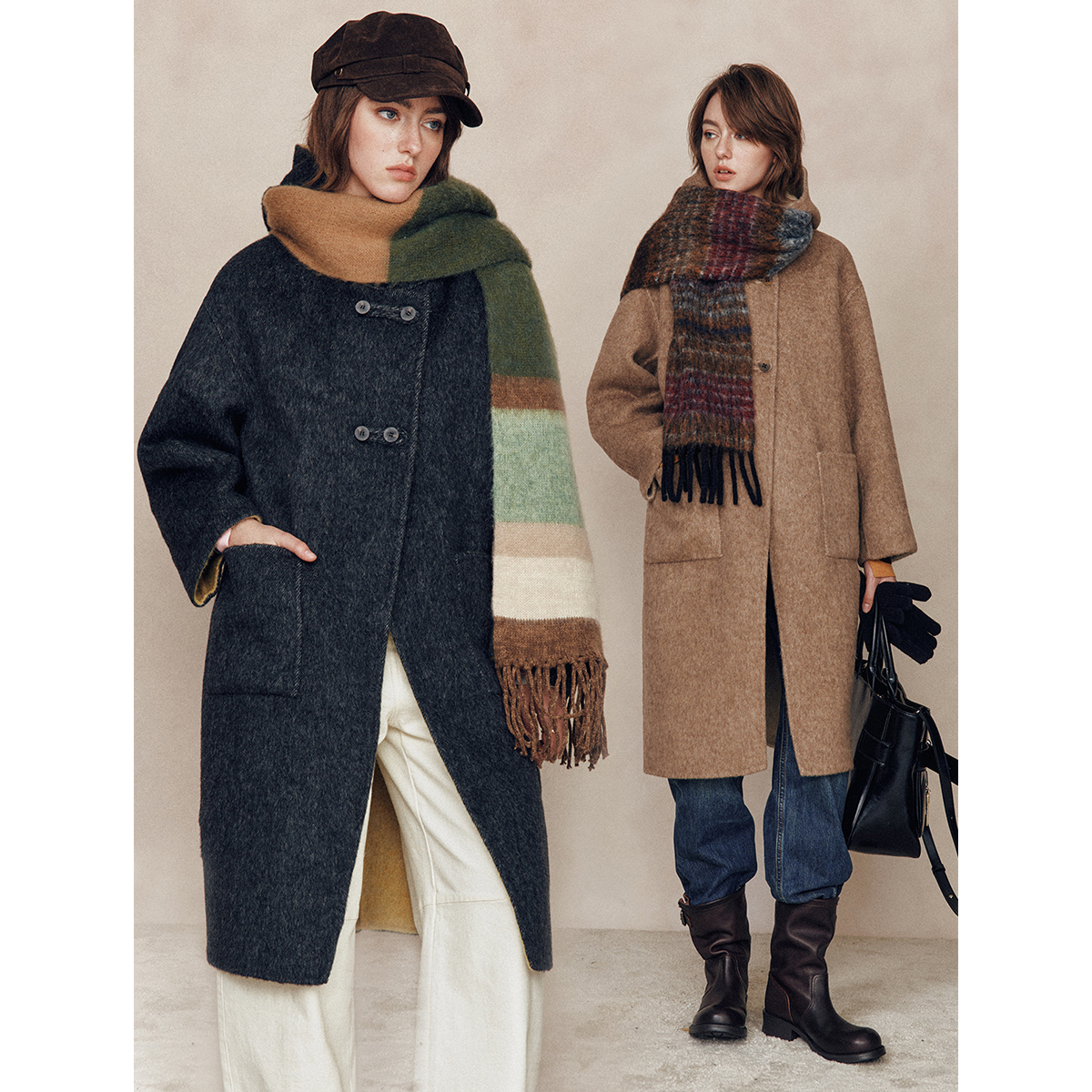 【花纱撞色】楼梯扣 羊毛+兔毛+真丝毛呢大衣 学院风连帽中长款