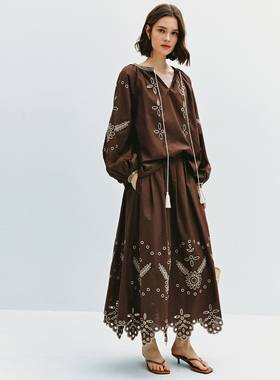 【年度重工】1OO%亚麻 萬针雕孔刺绣灯笼袖流苏衬衫+A字半裙套装