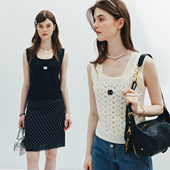 定制纱线 天丝 真丝 现货 羊毛小香风方领无袖 徽标镂空针织背心