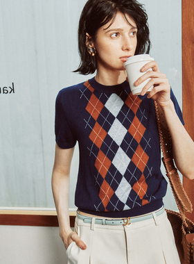 【经典复古】1OO%羊毛 简约通勤百搭圆领短袖菱格纹提花针织衫女