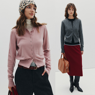 格雷系叠穿外搭圆领针织开衫 1OO%美丽诺羊毛 女 18.5微米 现货