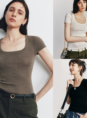 【无缝一体成型】1OO%绵羊毛 简约百搭大U领短袖修身针织衫上衣女