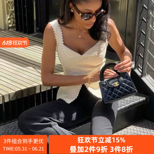 【清爽通勤】1OO%亚麻 老钱风穿搭蕾丝拼接收腰马甲背心上衣女