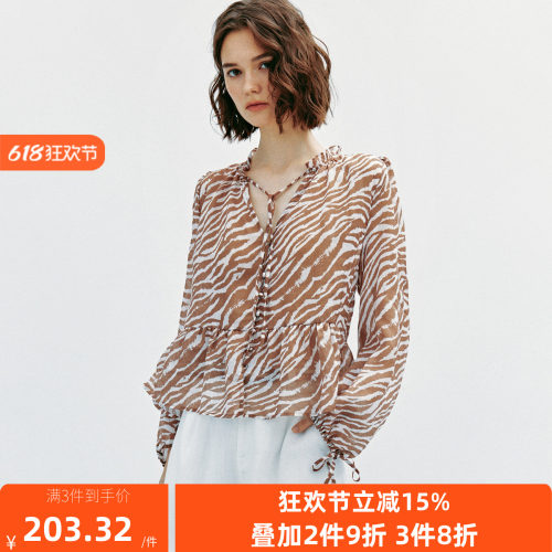 法式度假风飘带领荷叶边衬衫