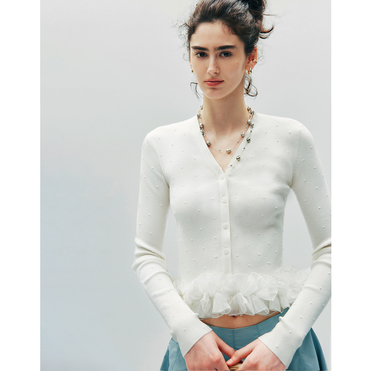 【现货】立体波点肌理 公主风V零长袖鱼骨花边针织开衫