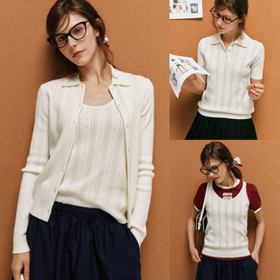 玛德琳甜妹 套头衫 100%羊毛 短袖 吊带背心 POLO领针织开衫