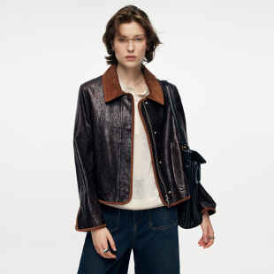 复古灯芯绒短款 西班牙皮料手工抓纹绵羊皮 皮衣夹克 高端 现货